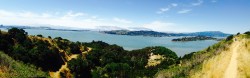 Panorama of Golden Gate Bridge, taken from Angel Island, the West Coast's original naturalization site.